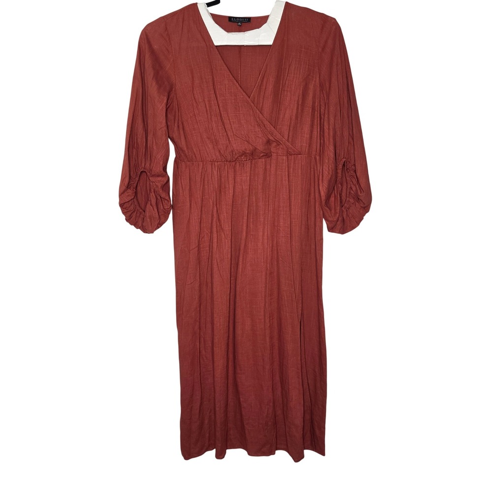 Eloquii Dress Womens 22 Rust Orange Faux Wrap Midi 3/4 Sleeve Textured V-Neck